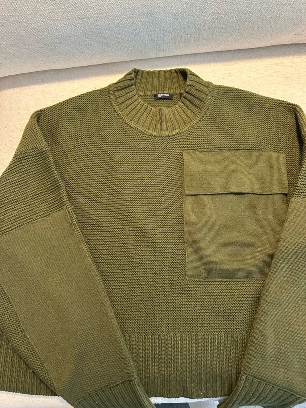 Jil Sander Wool Olive Green Crewneck Knit Sweater with Chest Pocket